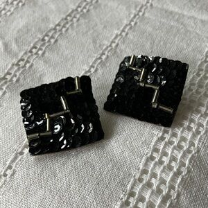 Vintage Black‎ Sequin & Bead Post Earrings 1” Square